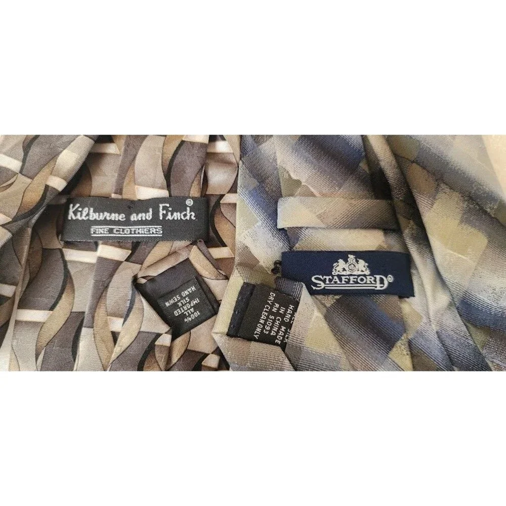 Kilburne & Finch Stafford Men Neck Tie 2pc Set 100% Silk Gray Tan Blue Hand Sewn